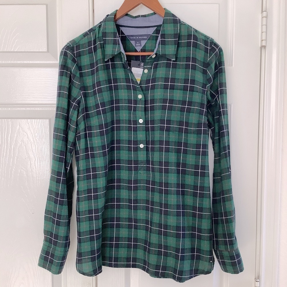 NWT Tommy Hilfiger Green Plaid Popover Long Sleeve Cotton Flannel Collar M
